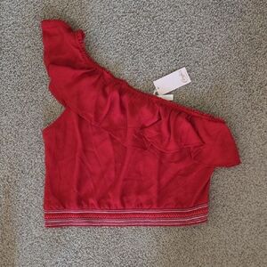Candie's Red One-Shoulder Ruffle Crop Top